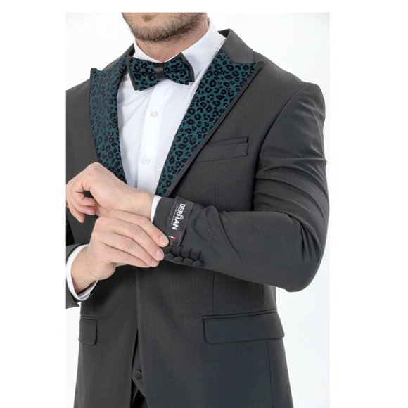 Derman Green Luxury Patterned Collar Tuxedo Tuxedo 3 Piece - Picture 5 of 6